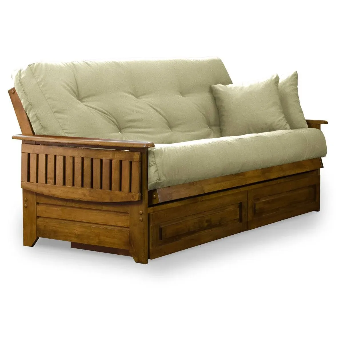 Nirvana Futons Brentwood Tray Arm Futon Frame, Drawers, and Ivory Mattress Set - Full, Rich Heritage Finish