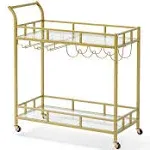 VEVOR 2 Tiers Gold Metal Bar Serving Cart with Wine Rack Glass Holder 120 LBS