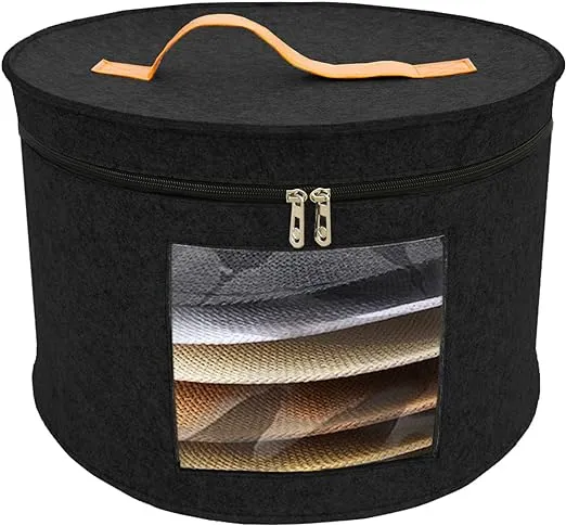 Aeeteek Hat Storage Box Portable Felt Organizer Bucket Foldable Large Capacity Round Travel Hat Container with Dust Proof Lid, Stuffed Animal Toys and Clothes Storage Bin Bag (Black-B (43 * 26CM))