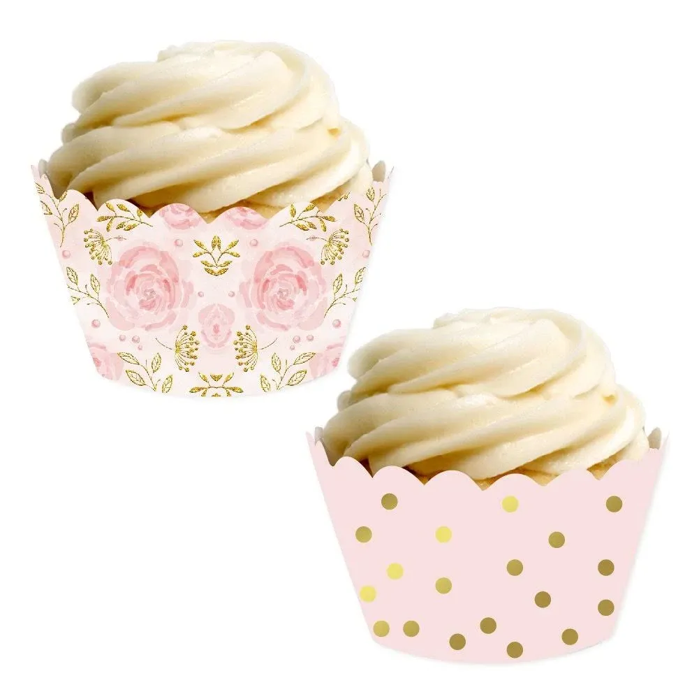 Pink Roses and Pink with Metallic Gold Ink Polka Dots Cupcake Wrapper