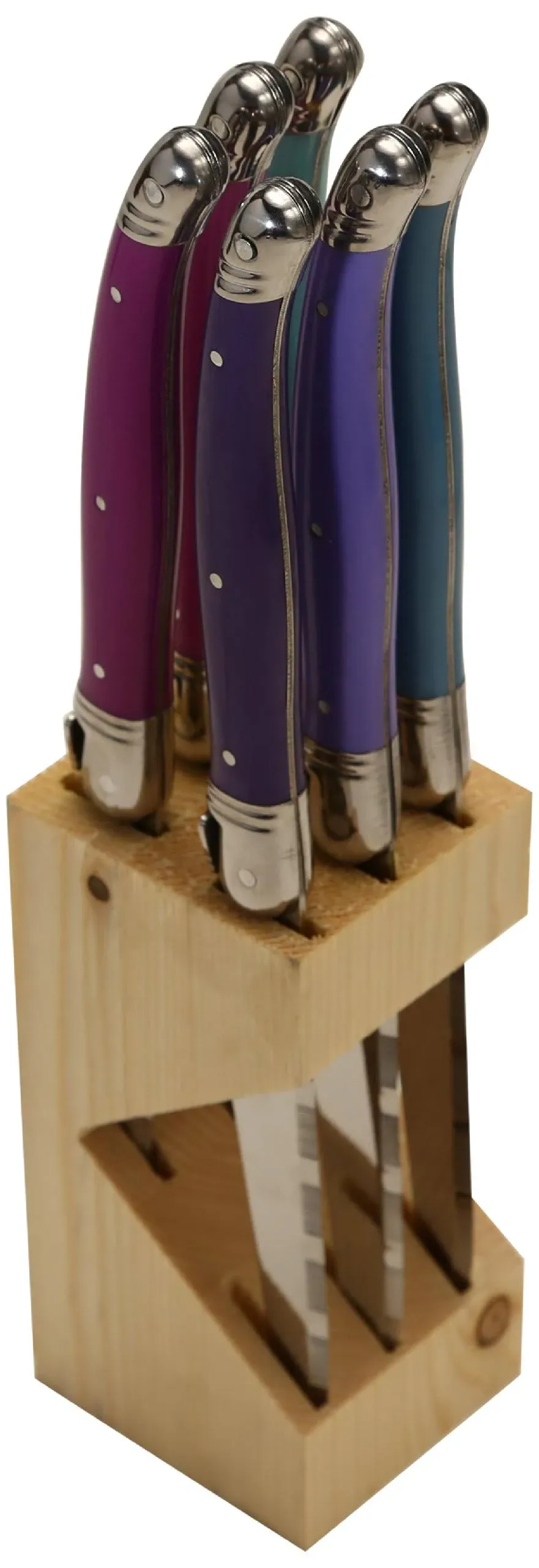 Jean Dubost Laguiole 6-Piece Steak Knife Set, Provence Purple Handles - 1.2 mm Blades - Rust-Resistant Stainless Steel - Includes Wooden Block - Made in France