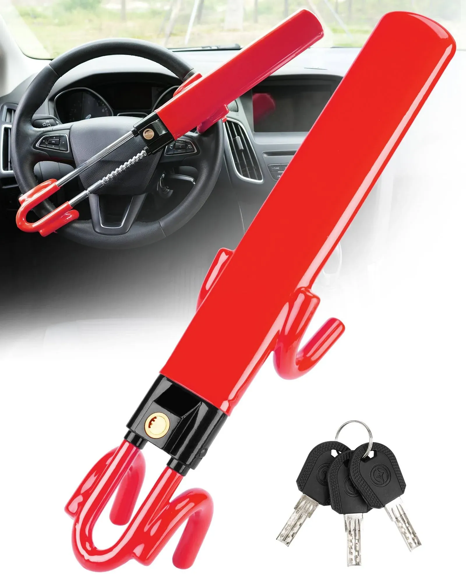 Tevlaphee Steering Wheel Lock Anti-Theft Car Device Heavy Duty Security Car Lock Antitheft Locking Devices Great Deterrent Adjustable Car Wheel Lock