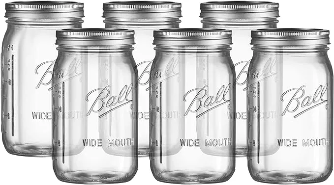 Ball Wide Mouth Glass Mason Jars with Lids and Bands, used for Canning, Pickling, Juice, Jam, Jelly, Quart Size 32 Ounce (Pack of 6)