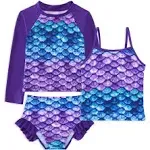 swimsobo Girls 3-Piece Swimsuit Long Sleeve Rash Guard Tankini Sets UPF Sun Proction Bathing Suit 3-10T