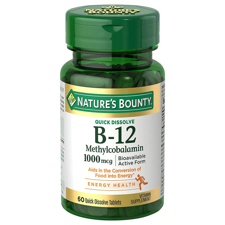 Nature's Bounty Vitamin B12, Supports Energy Metabolism and Nervous System Health, 1000mcg, 60 Quick Dissolve Tablets