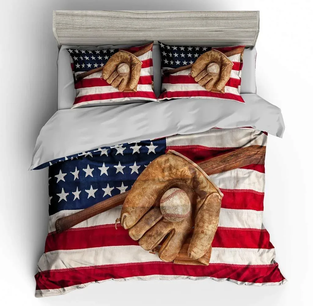 SHOMPE 3D American Flag Baseball Comforter Sets Twin Size Boys Sports Bedding