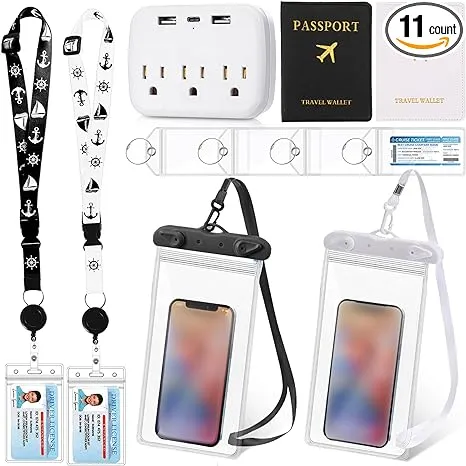 Qilery 11 Pcs Cruise Accessories Kit 2 Cruise Lanyards for Ship Cards 4 Waterproof Luggage Tag Holder with Metal Loop 2 Passport Holder 2 Waterproof Phone Bags 1 Cruise Power Strip (Black White)