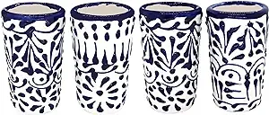 MEXTEQUIL - Talavera Shot Glasses Set of 4 Authentic Mexican Tequila Shot Glasses - Hand-Painted - 2 oz (Blue Lace)