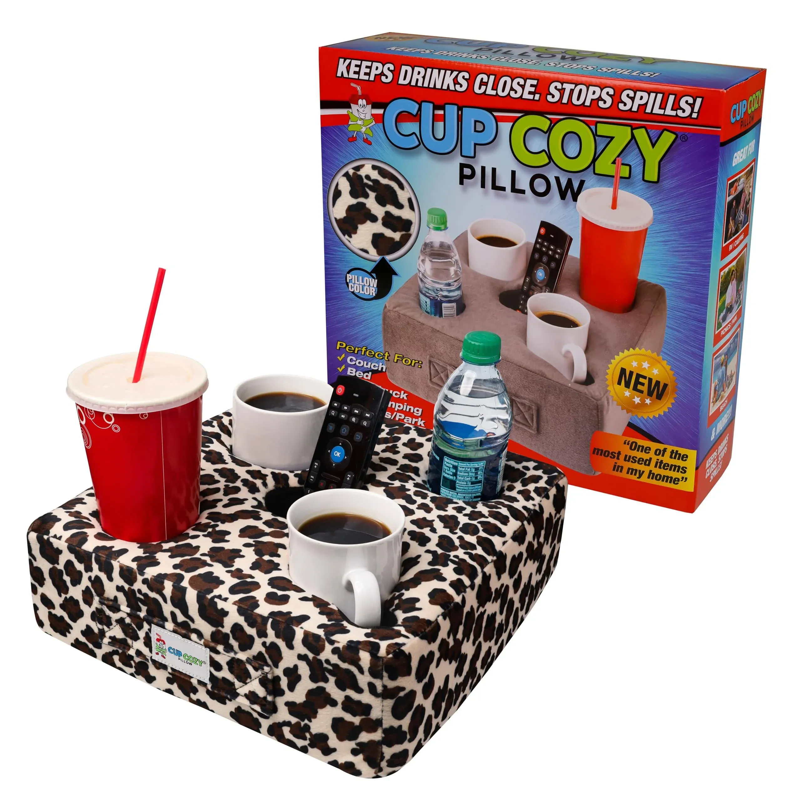 The Original Cup Cozy Pillow Gray-As Seen on TV-The World's Best Couch/Bed/Car Cup Holder for Drinks/Snacks/Remotes! (Cheetah Leopard, 5 Hole)