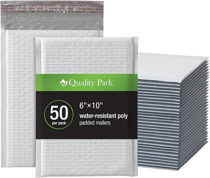 Quality Park Bubble Mailers, 6 x 10 Inch, White Poly Mailers, Padded Envelopes, Shipping Envelopes, Water Resistant, Self Seal, 50 Per Box (QUA85856)