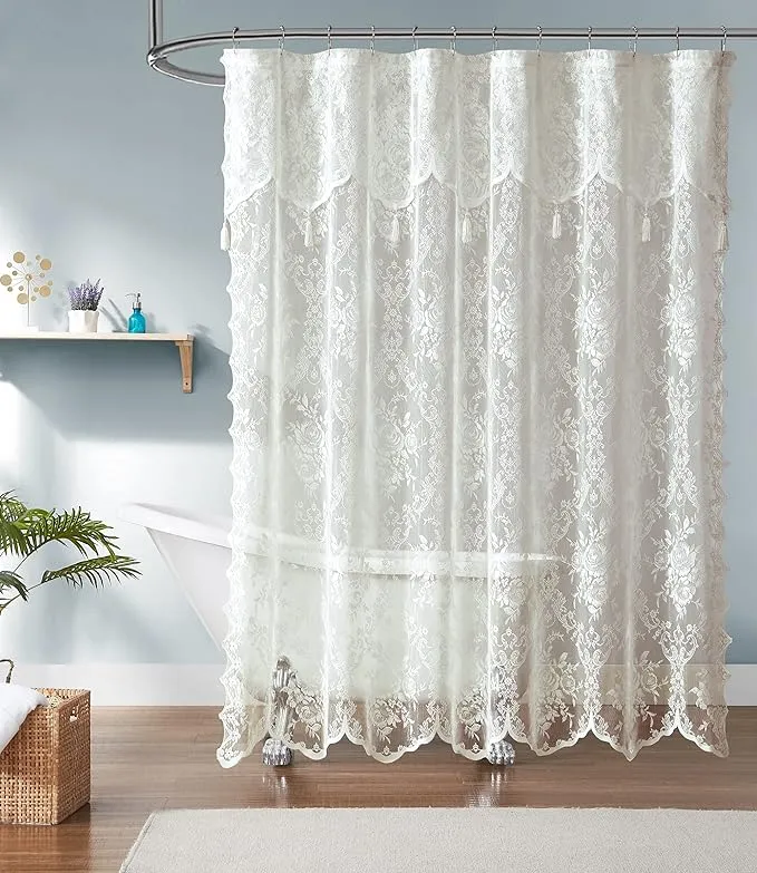 Warm Home Designs Ivory Lace Shower Curtain 108 x 72 Inches with Attached Valance & 10 Tassels. Luxury Farmhouse Shower Curtains for The Bathroom or