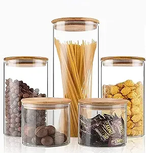 Glass Food Storage Jars Set of 5,Glass Storage Containers Clear Glass Food Canister with Bamboo Lid Airtight for Serving Tea, Coffee, Flour, Sugar, CA