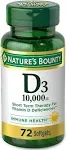 Nature's Bounty Vitamin D for Immune Support and Promotes Healthy Bones, 10000IU, Softgels, Multi-Color, 10,000 IU, 72 Count (Pack of 1)