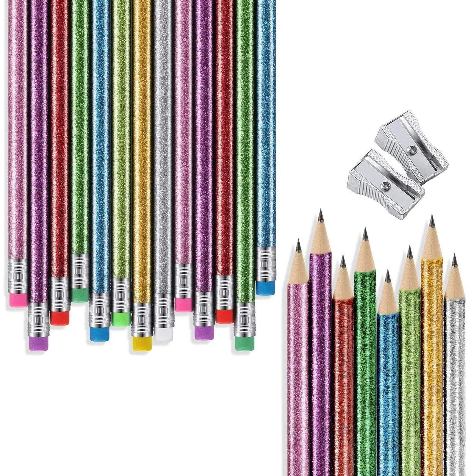 32 Pieces Glitter Colored Pencils Wood Bright Pencils Colorful Round Pencils wit