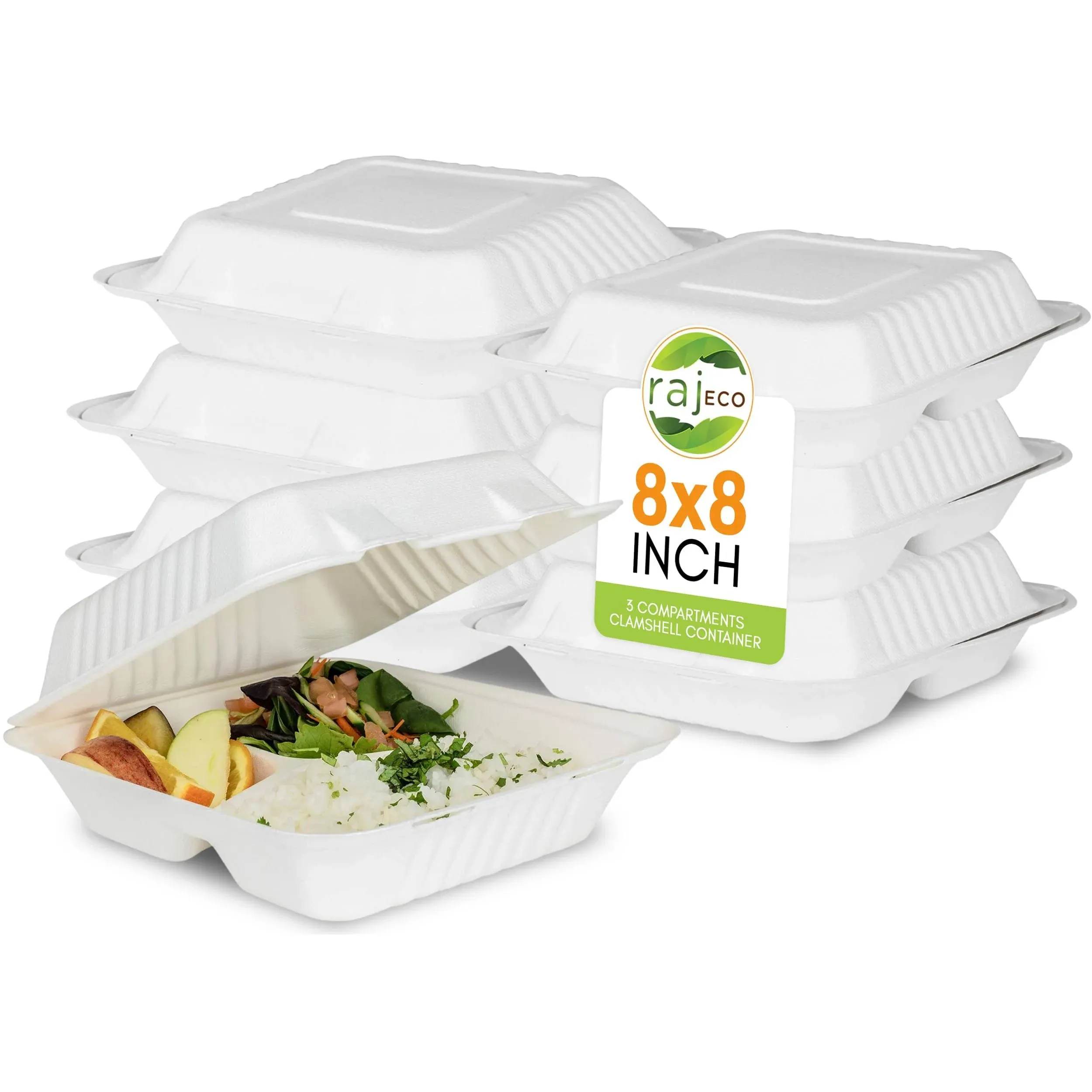 Raj Eco To Go Containers Compostable Clamshell Disposable 8x8&quot; - 3 Compartment 50-Pack Take out Box, Meal-Prep, Eco-Friendly Biodegradable