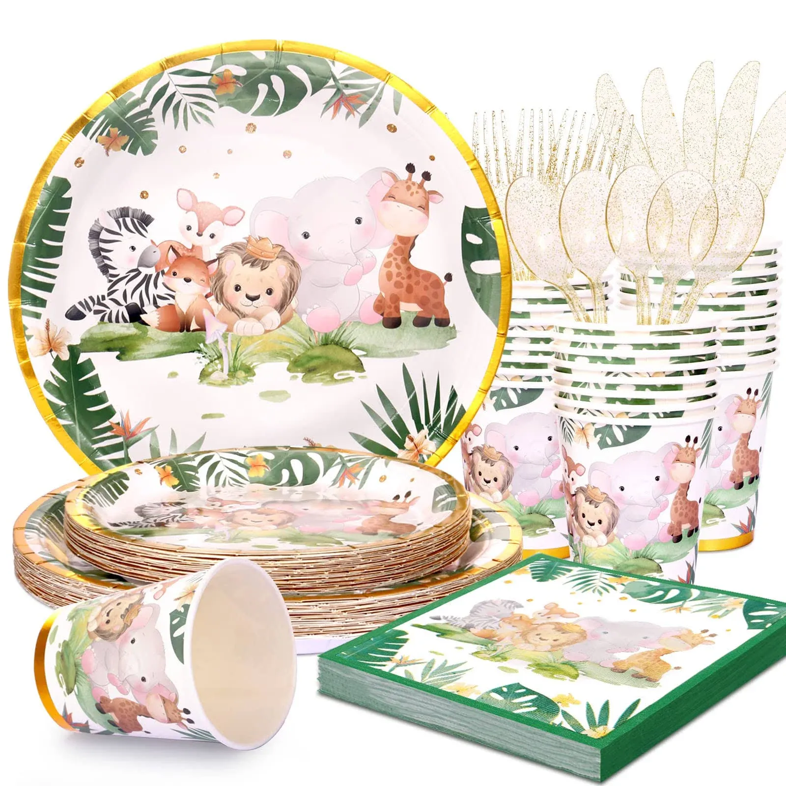 Safari Baby Shower Decorations for Boy,Jungle Baby Shower Plates and Napkins Sets for 24 Guest,Safari Party Supplies-Sage Green Plates Napkins Cups Cutlery for Boy Girl Gender Reveal Birthday Party