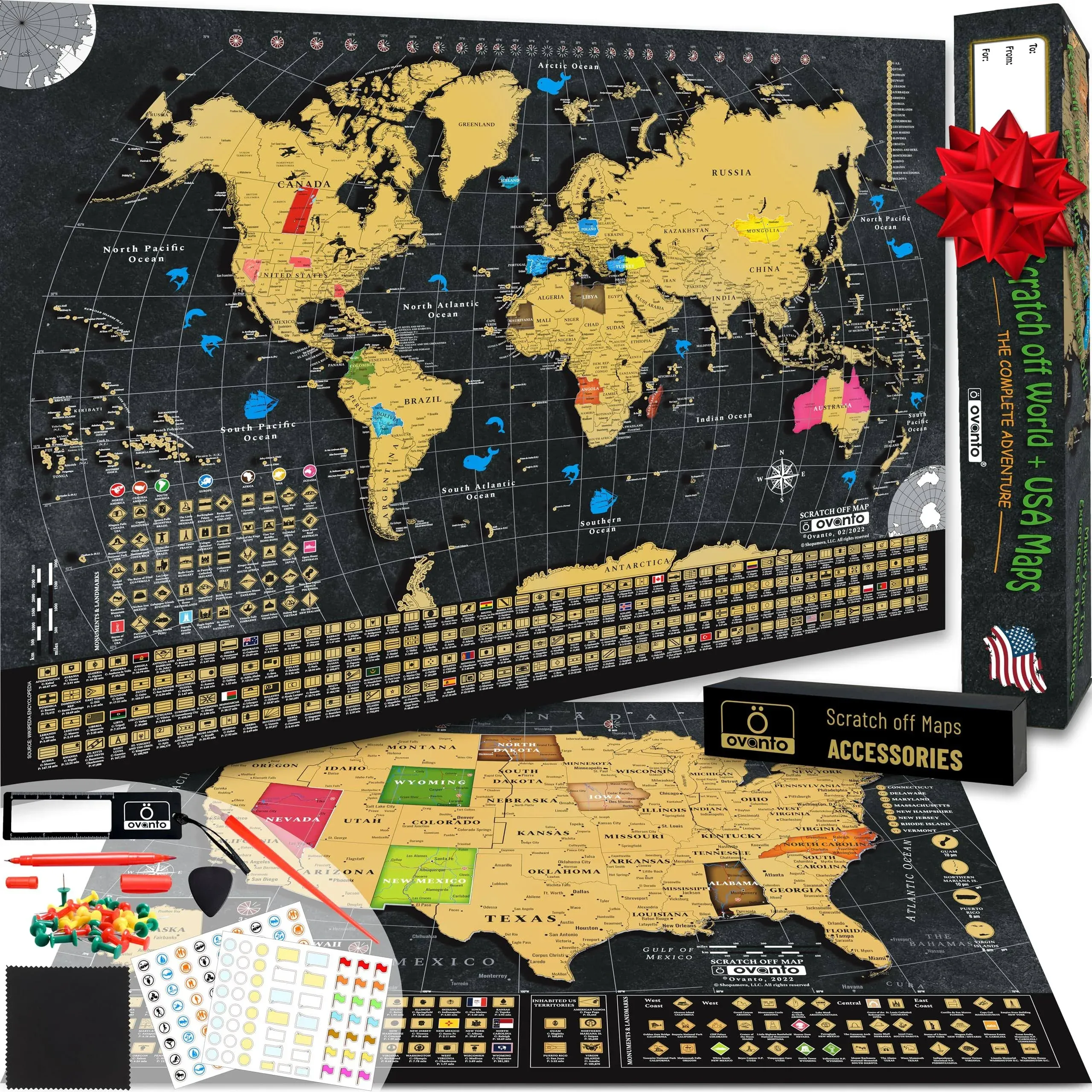 Scratch Off World Map &amp; US Map-Durable 17x24” United States Map &amp; World Trave...