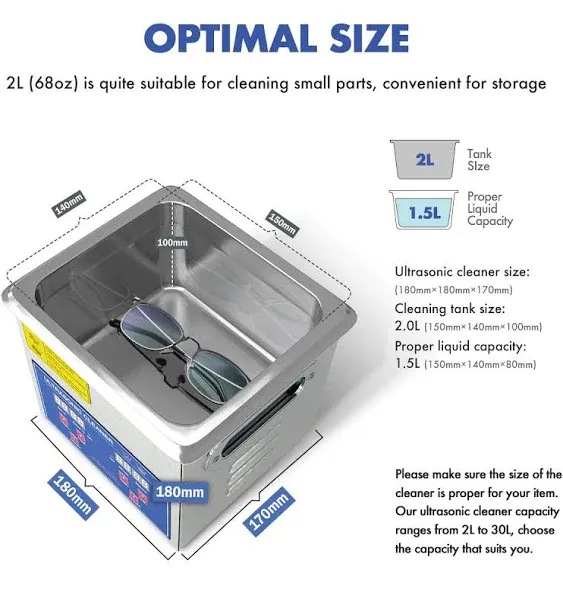 Ultrasonic Parts Cleaner 200W Heated 2L (1.5L Liquid Capacity) for Small Carburetors Injectors Guns Bullets Brass and Jewelry Professional Stainless Steel Ultrasonic Bath Upgrade