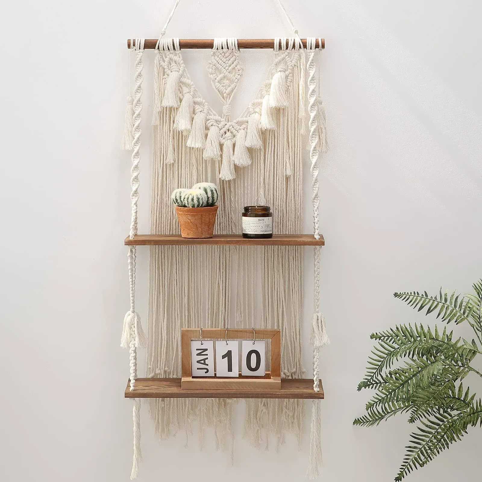 2 Tier Macrame Boho Wall Hanging Shelf, Handmade Bohemian Wooden Woven Plant... 