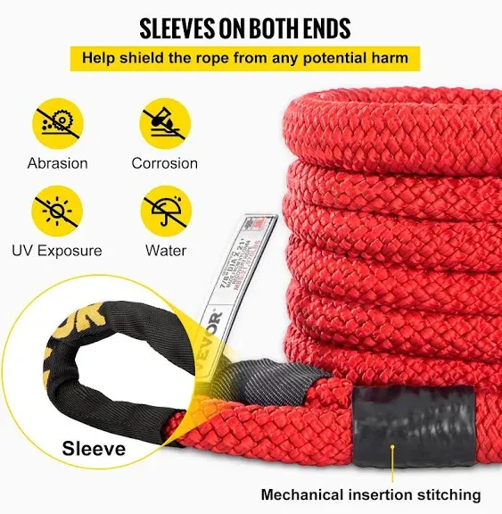 VEVOR 7/8&quot; x 21&#039; Kinetic Recovery Rope, 21,970 lbs, Heavy Duty Nylon Double Braided Kinetic Energy Rope w/ Loops and Protective Sleeves, for Truck Off-Road Vehicle ATV UTV, Carry Bag Included, Red