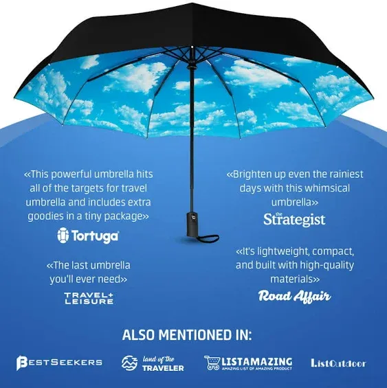 Rain-Mate Compact Travel Umbrella, Windproof Umbrella, Auto Open and Close Button, 9 Rib Reinforced Canopy (Blue Sky)