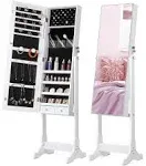 Nicetree Jewelry Cabinet with Full-Length Mirror, Standing Lockable Jewelry Armoire Organizer, 3 Angel Adjustable, White