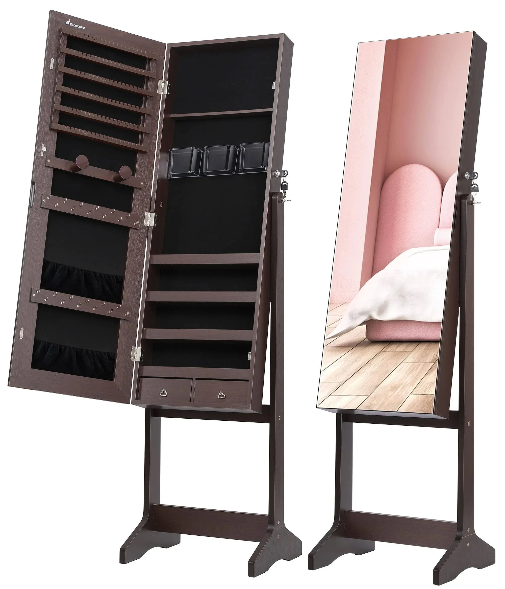 Jewelry Cabinet with Full-Length Mirror, Standing Lockable ,3 Angel Adjustable B