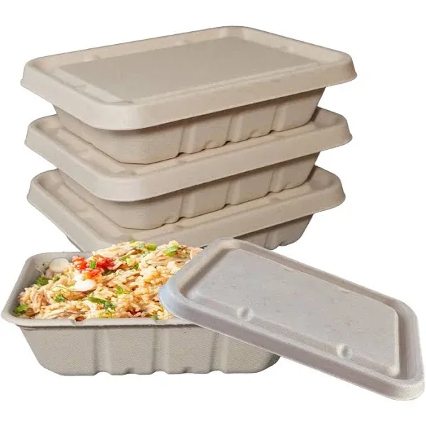 EcoQuality 40oz Disposable Bowls with Fiber Lids - Rectangular Compostable Sugarcane Fiber Biodegradable Paper Bowls Eco-Friendly Take Out Food Storage Containers, Microwave Safe, Meal Prep (25 PACK)