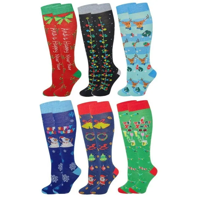 6 Pairs Women's Fancy Design Multi Colorful Patterned Knee High Socks