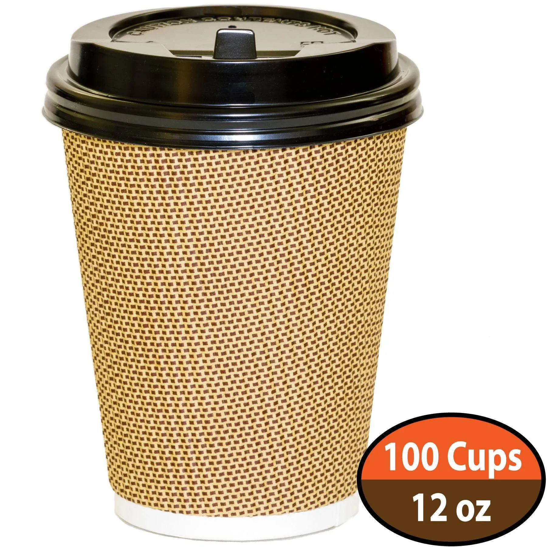 OzBSP Premium Disposable Coffee Cups with Lids 12 oz - 100 Pack | Stylish Ripple Wall Design Double Wall Insulated to Go Paper Coffee Cups | No Sleeve