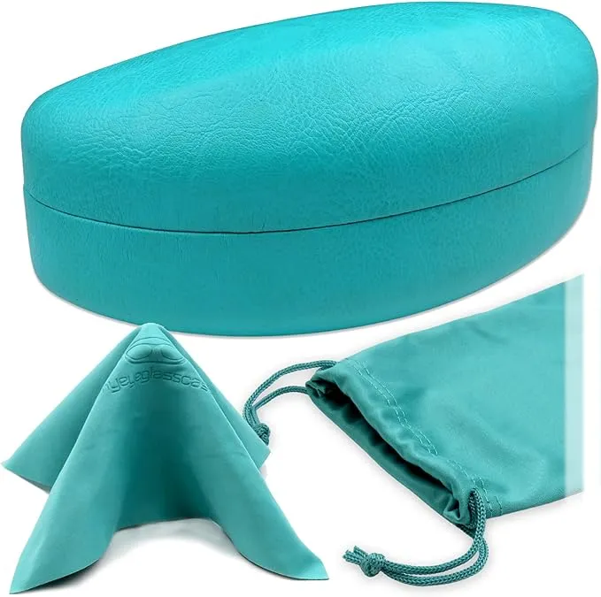 Hard Shell Sunglasses Case - Large Glasses Case Holder with Drawstring Pouch and Cloth, Eyeglass case for Medium to Large Frames By MyEyeglassCase (AS179 Teal)