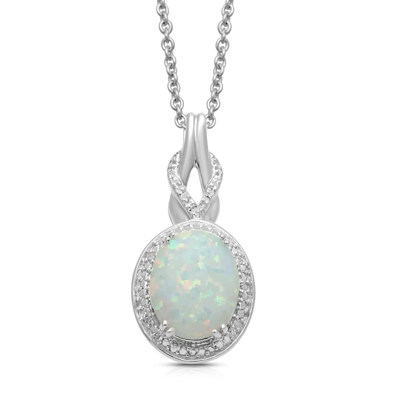 Jewelili Sterling Silver Created Opal Oval with Diamond Pendant Necklace