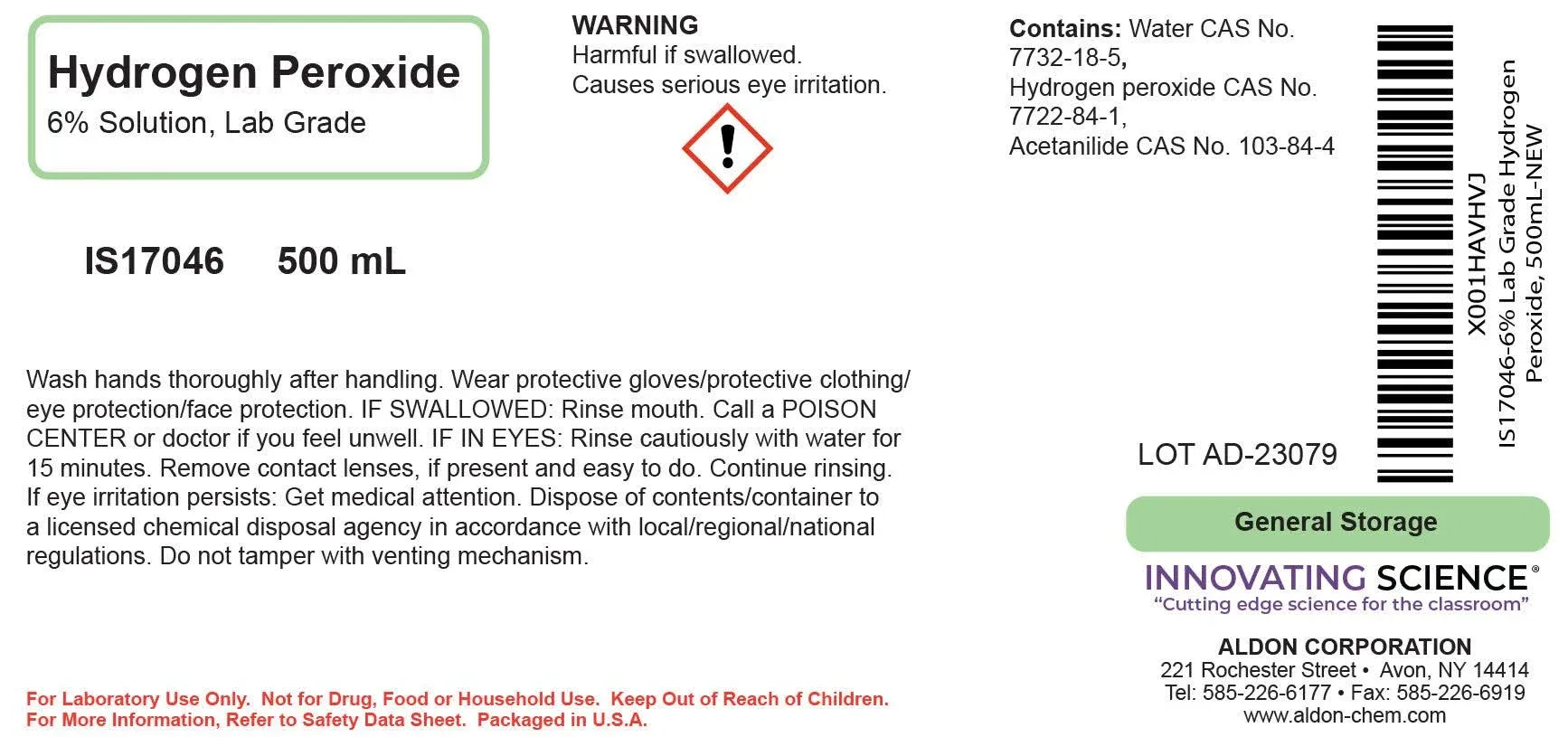 ALDON Innovating Science Hydrogen Peroxide 6% Solution, 500mL - Laboratory Grade - The Curated Chemical Collection