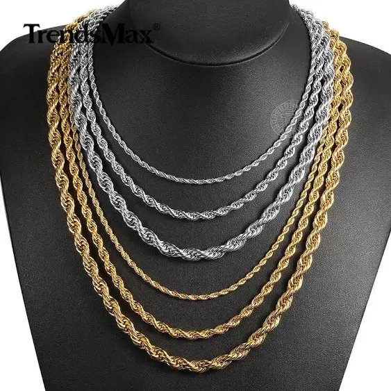 3/5/7mm Width 18-24 inches Twisted Rope Link Chain Silver/Gold Stainless Steel Necklace Men Women