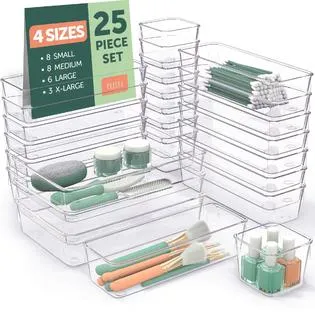 Ruboxa Clear Drawer Organizer, [25 PCS] Clear Plastic Drawer Organizers for Home Organization and Storage, Including 4 Sizes Small Organizer Bins, Non-Slip Pads, for Bathroom, Kitchen, Vanity & Office