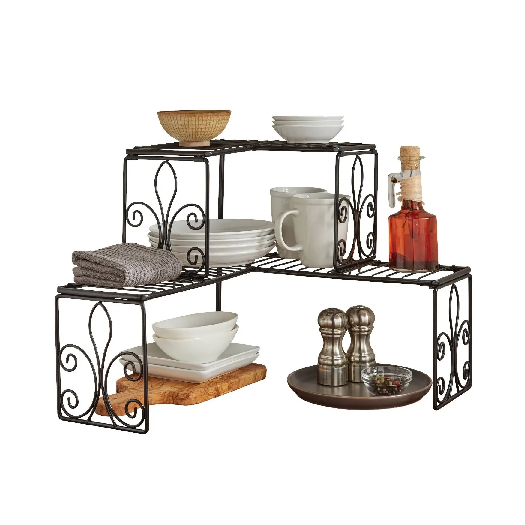 BrylaneHome Scroll 2-Tier Corner Shelf Kitchen Space Saver Organization, BlackBrylaneHome Scroll 2-Tier Corner Shelf Kitchen Space…