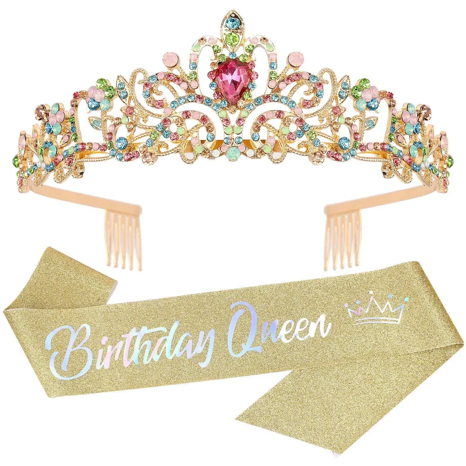 Birthday Tiaras Crowns for Women Gold Birthday Queen Sash Happy Birthday Part...