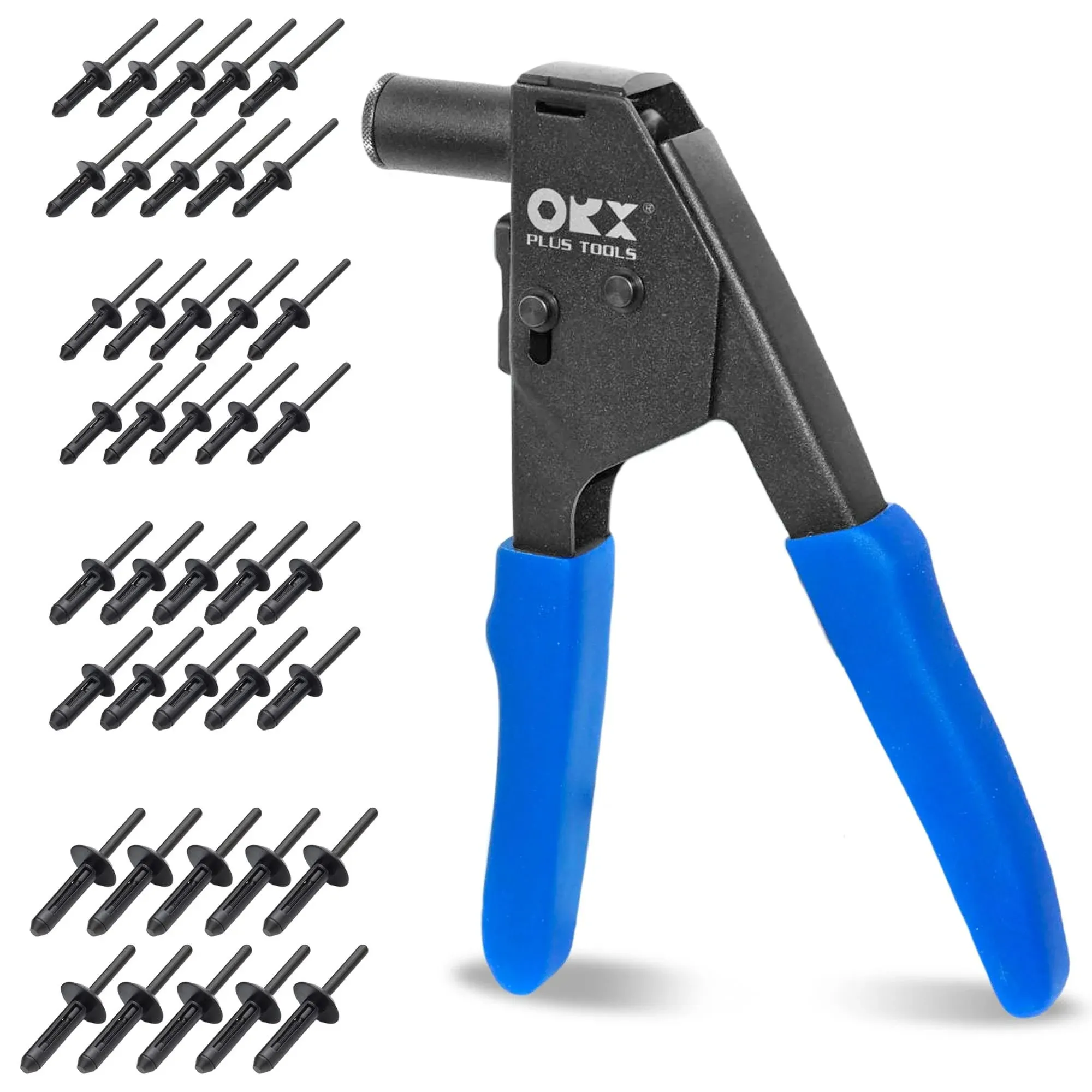 ORXPLUS Tools 90∘Angle Plastic Rivet Hand Gun Kit One Hand Operation w/ 40 Sample Poly Rivets