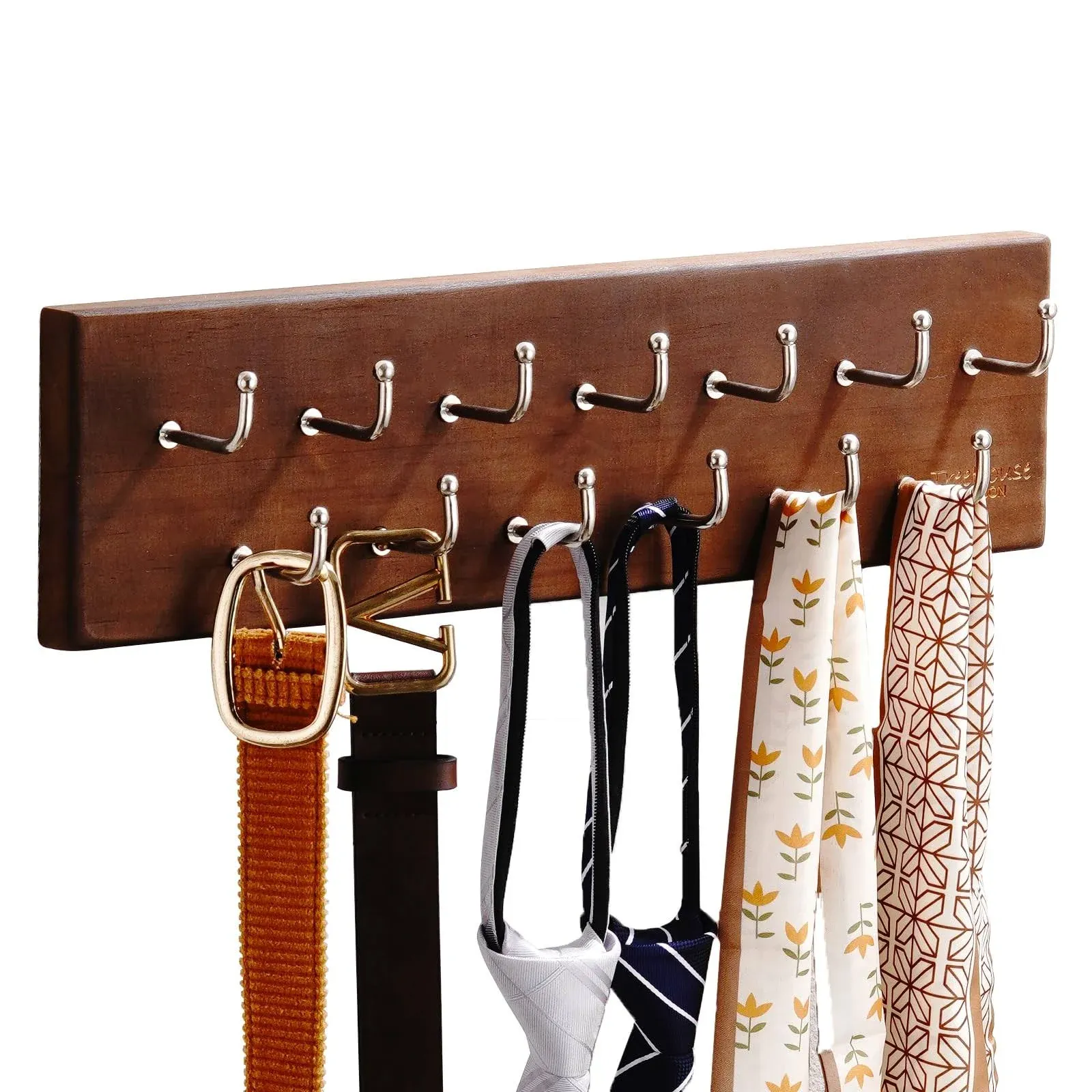 Treehouse Belt Organizer Rack, Holds Over 28 Large Belts, Sturdy Metal & Sturdy Wood Storage Holder for Closet, Versatile, Wall Mounted Belt & Tie Display Hanger for Bedroom - (Walnut) 4.25''Hx16''L