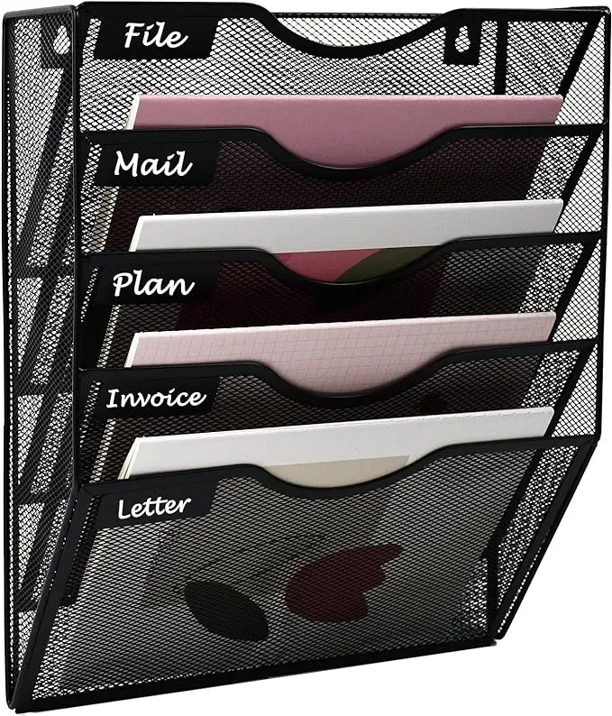 5 Pockets Mesh Hanging Wall File Holder Organizer Wall Mounted Paper Magazine Rack, Black