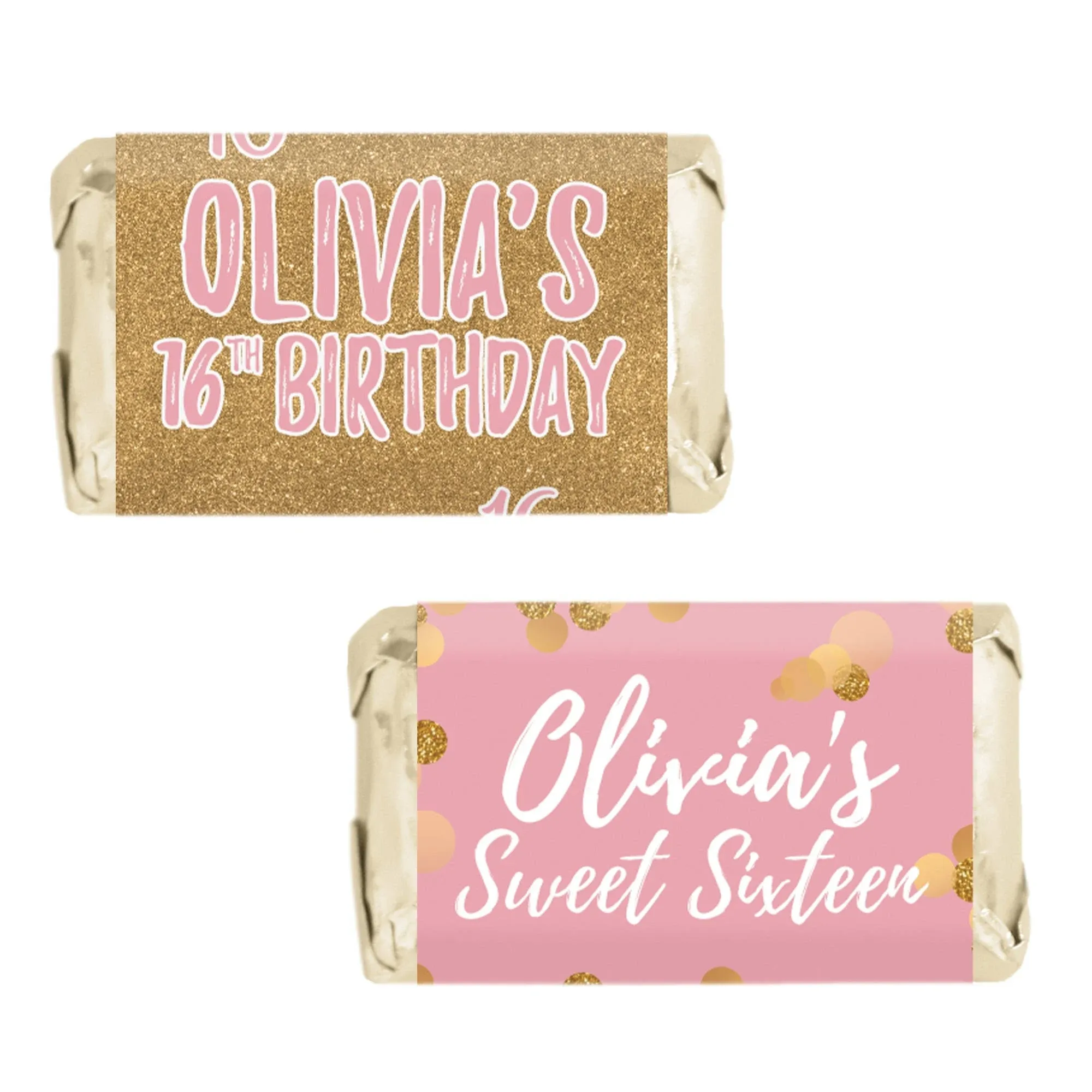 Personalized Pink and Gold Sweet 16 Party Favor Candy Wrappers for Miniature Chocolates | Sweet Sixteen Birthday Wrapper Label | 45 Stickers