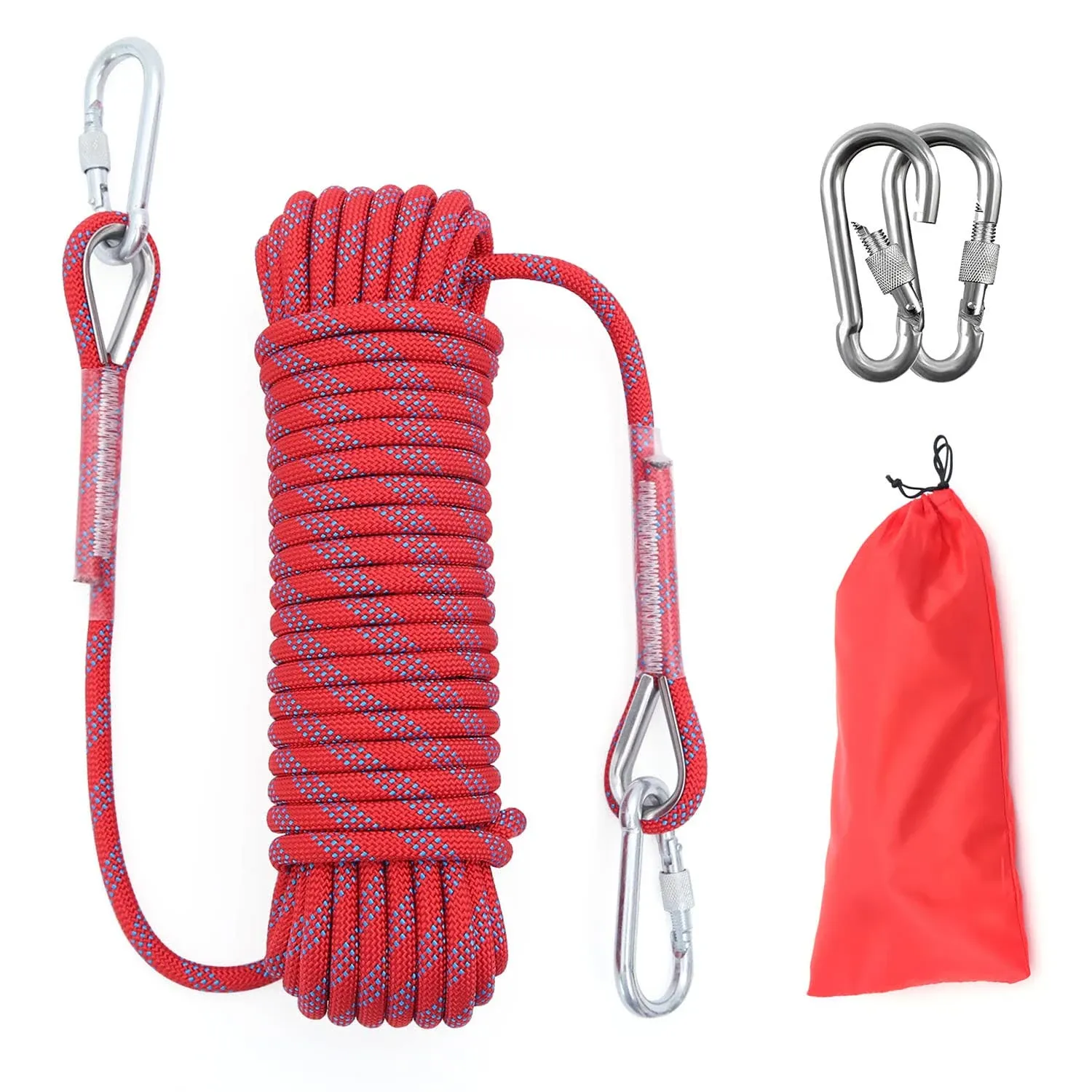 10mm/12mm Outdoor Climbing Rope Static Rock Climbing Rope, Tree Climbing Rappelling Rope, Escape Nylon Rope, Ice Climbing Equipment Fire Rescue Parachute Rope with 2 Steel Hooks