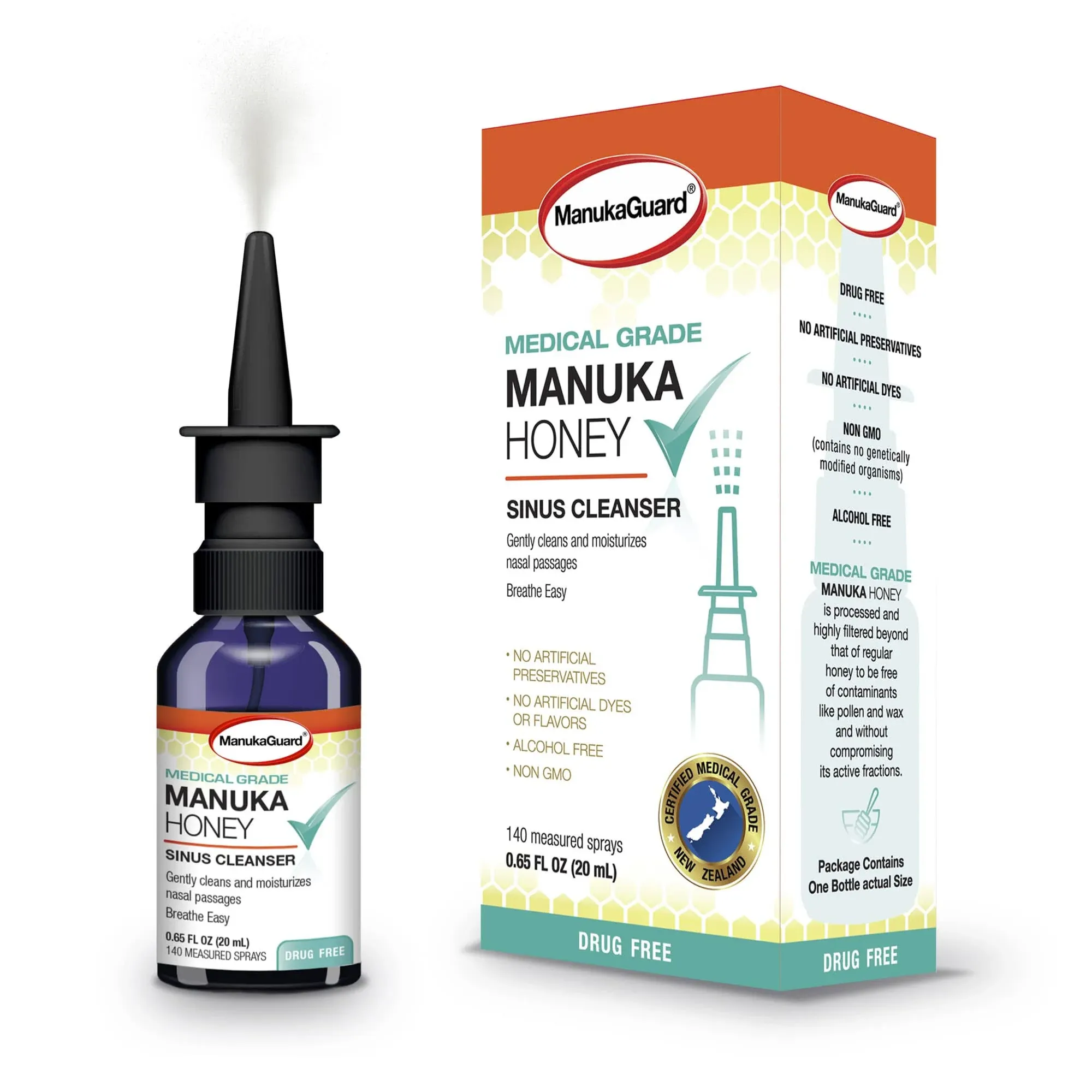 ManukaGuard Medical Grade Sinus Cleanser, GMO-Free, No Artificial Preservatives Nasal Spray (.65 Fl oz)