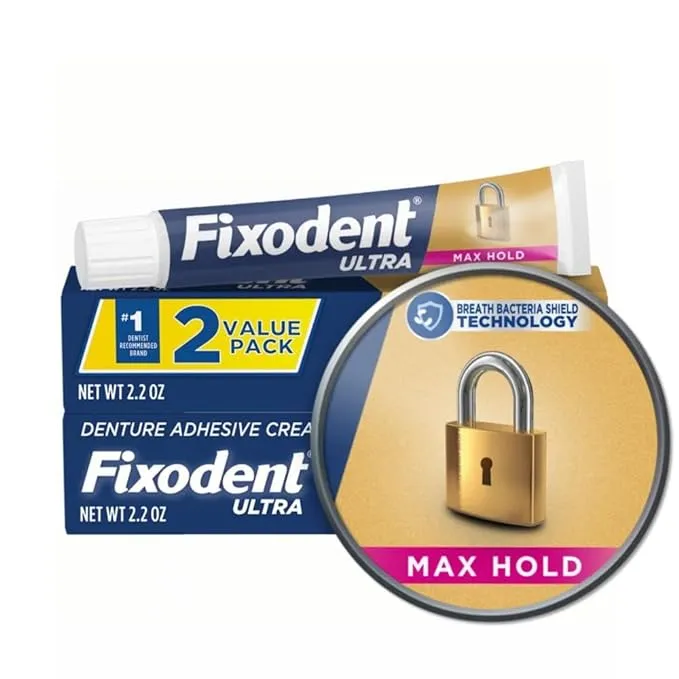 Fixodent Ultra Max Hold Secure Denture Adhesive Cream for Full and Partial Denture Wearers, 2.2oz (Pack of 4)