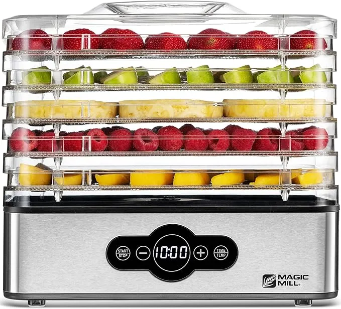 Magic Mill Food Dehydrator Machine | 5 Stackable Stainless Steel Trays Jerky Dryer with Digital Adjustable Timer and Temperature Control - Electric Food Preserver Machine with Powerful Drying Capacity for Fruits, Veggies, Meats & Dog Treats (5 Stainless 