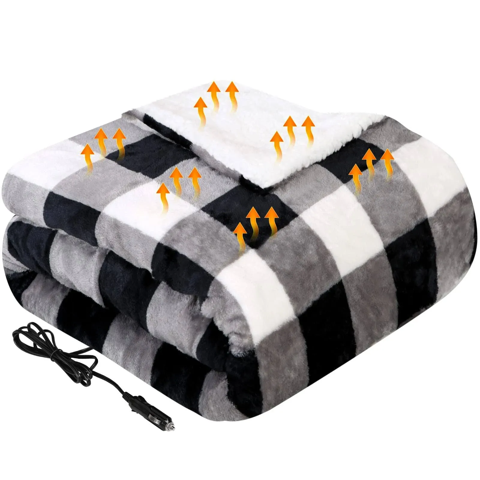 Westinghouse Heated Car Blanket, 12-Volt Electric Blanket Grey Buffalo Plaid 