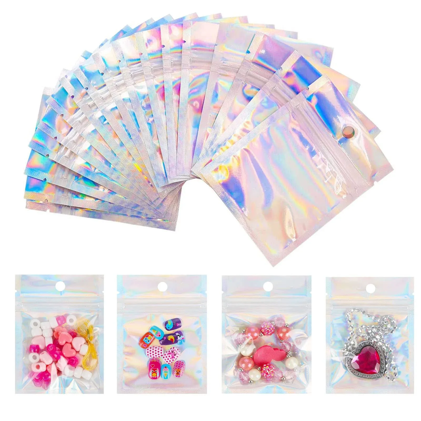 qTop 100 Pieces Mylar Bags Holographic Packaging Bags, Foil Pouch Ziplock Bags ...