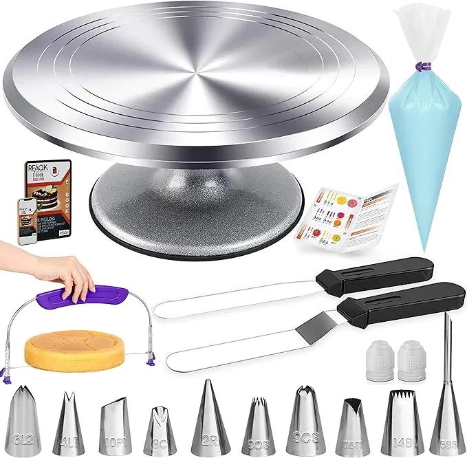 RFAQK 50PCs Cake Turntable Set -12" Aluminum Revolving Stand- Professional Cake Leveler / Decorating Supplies Kit with Straight & Offset Spatula-Numbered Icing Tips & Bags