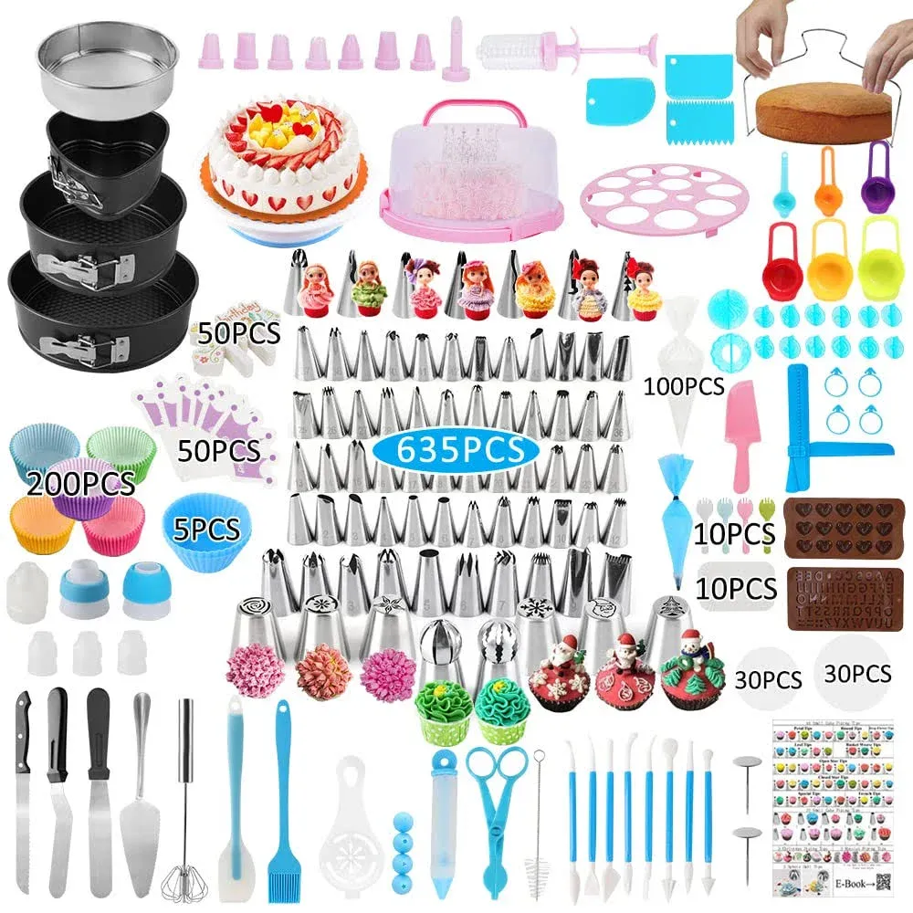 Cake Decorating Kit - 635 Pcs Supplies with 3 Springform Pan Sets Icing Nozzles Rotating Turntable Topper Piping Bags Carrier  Holder - Baking Tools