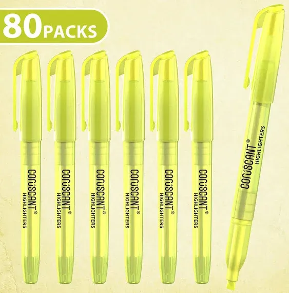 80 packs of highlighters, yellow highlighter, wide chisel tip marking, quick drying, bulk fluorescent pen marking, non-toxic and tasteless, suitable for schools offices and home.